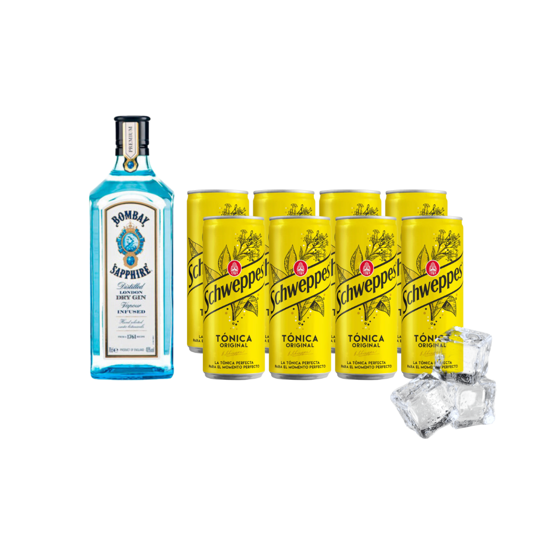 Gin Bombay Sapphire + 8 Schweppes lata