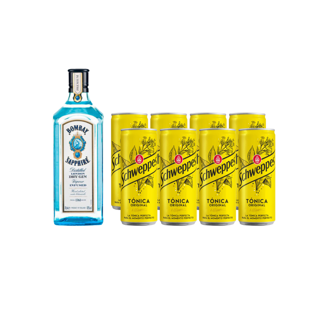 Gin Bombay Sapphire + 8 Schweppes lata
